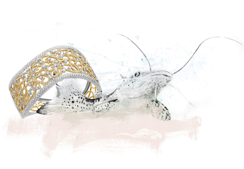 Illustration Fisch Wels mit Schmuck Armreif im Wasser
