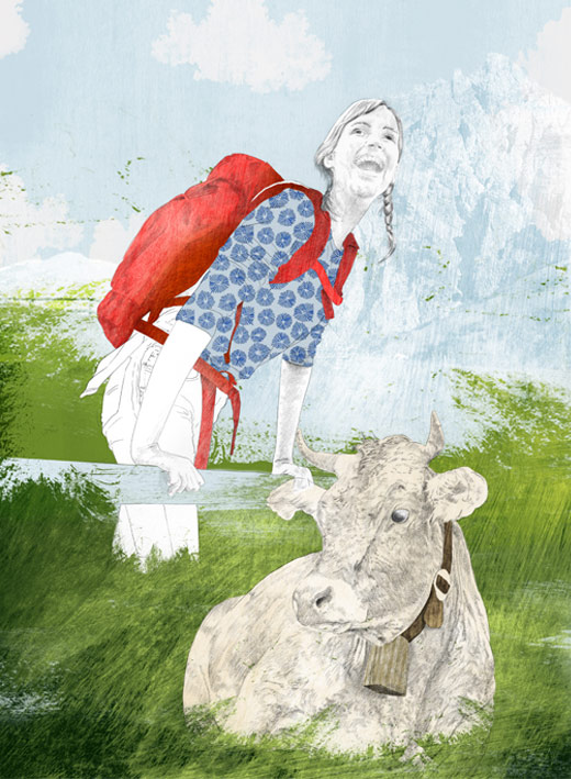Illustration Frau beim Wandern auf Kuhwiese mit Kuh